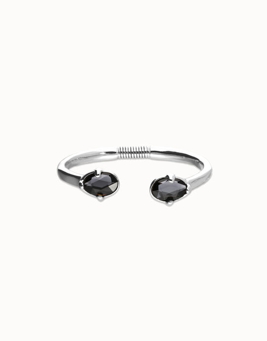 Pulsera r&iacute;gida ba&ntilde;ada en plata con dos cristales facetados ovalados negros